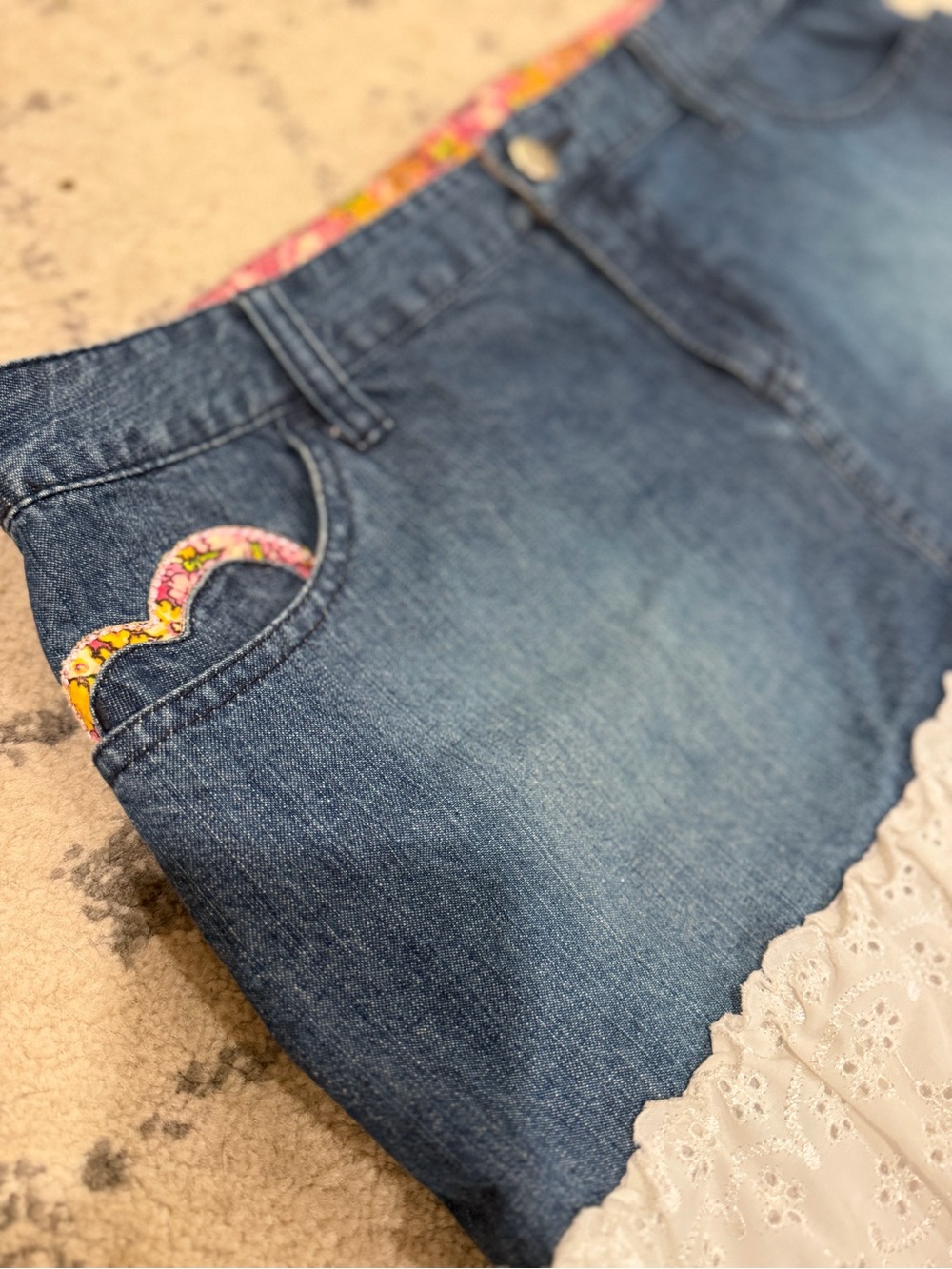Victoria's Secret Y2K Blue Denim Mini Skirt with White Eyelet Ruffle - Picture 6 of 10